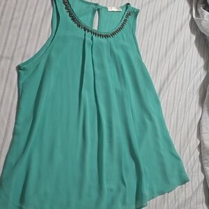 a'gaci Turquoise Sleeveless Blouse with Beaded Neckline